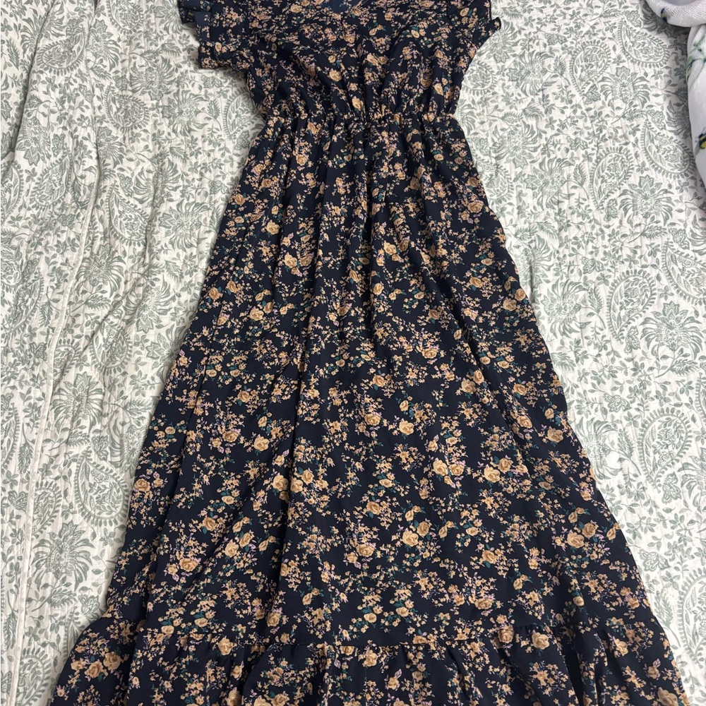 SHEIN Navy Floral Maxi Dress with Peach Bloom Print